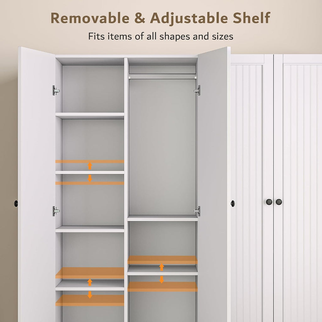 4 Doors Armoire Wardrobe Closet with 2 Drawers, 63" Large Wardrobe Cabinet with Removable Hanging Rods and Adjustable