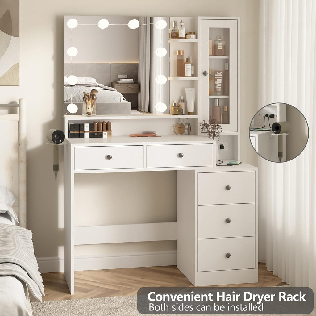 White Makeup Vanity Desk with Mirror and Lights,Vanity Table with Power Strip and Lighted Mirror,Large Makeup Table