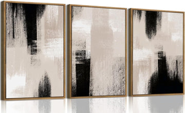 3 Piece Framed Wall Art Abstract Wall Decor Black Beige Gray Pictures Modern Minimalist Canvas Art Large Nature