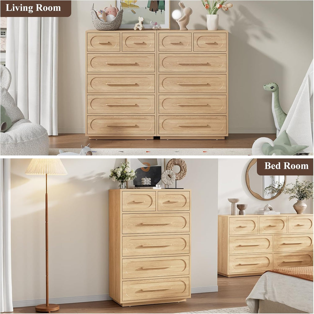 Natural 6 Drawer Dresser , 44" Tall Dressers & Chest of Drawers with Solid Wood Handles, Mid Century Modern Dresser