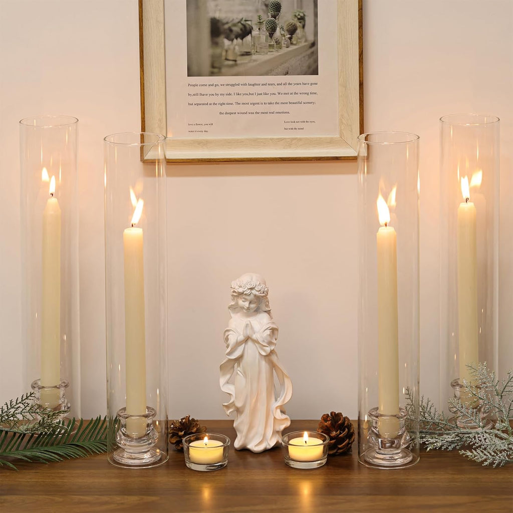 Hurricane Glass Candle Holders- Set of 6 Candlestick Holders for Taper Candles with Windproof Cylinder Covers 14"