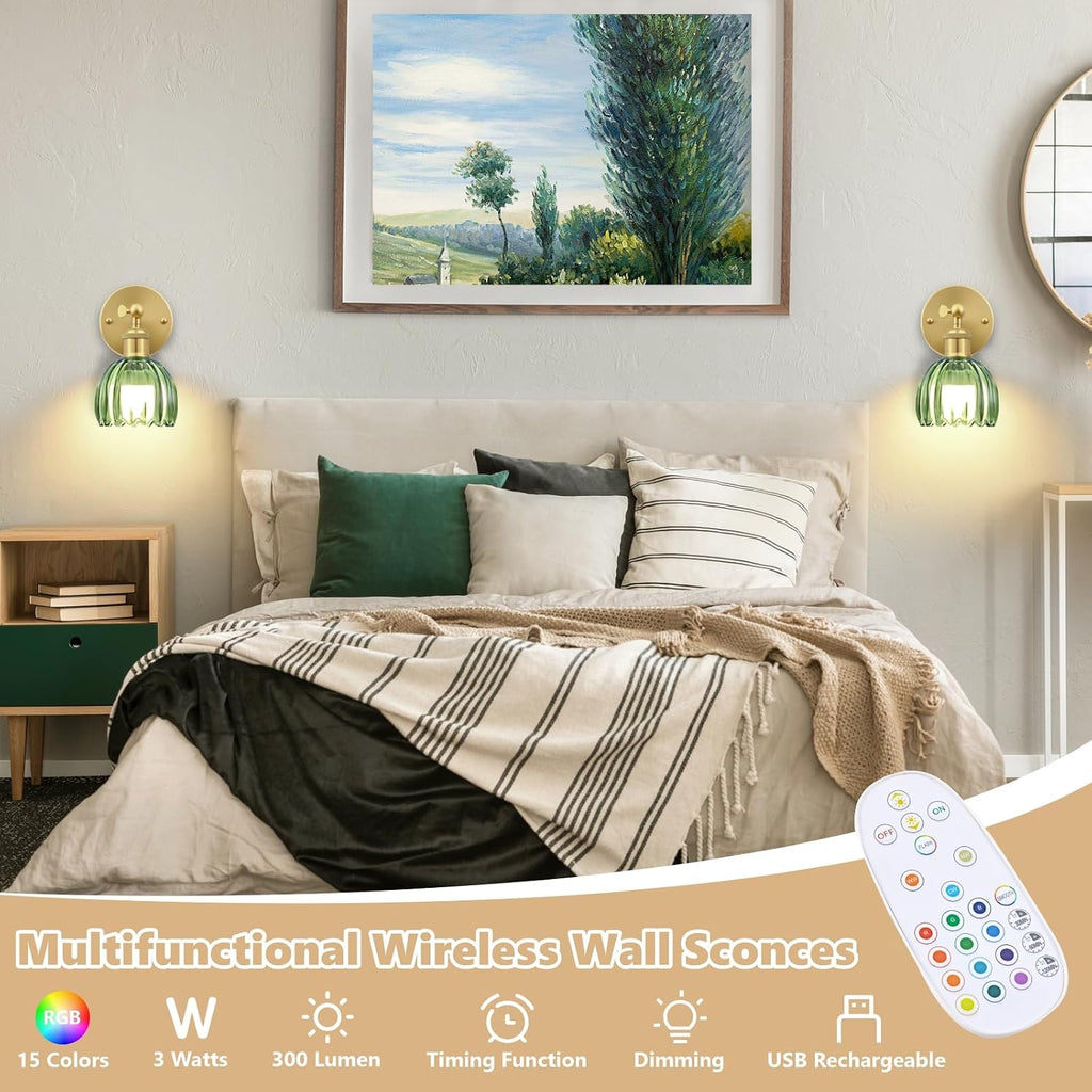 Vintage Battery Operated Wall Sconce, Green Tulip Glass Lampshade Wireless Rechargeable Battery Powered LED Wall