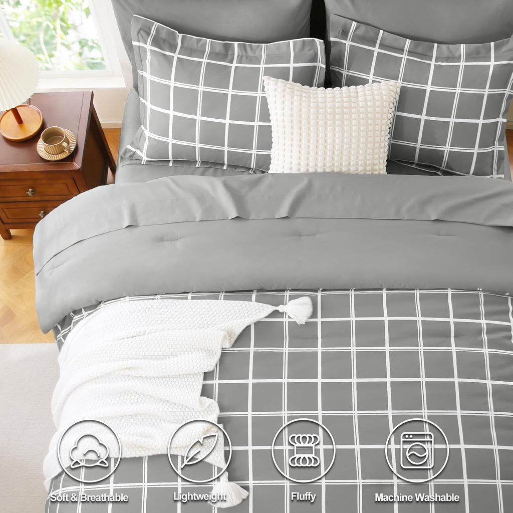 Queen Comforter Set with Sheets - 7 Pieces Plaid Bed in a Bag Set Grey