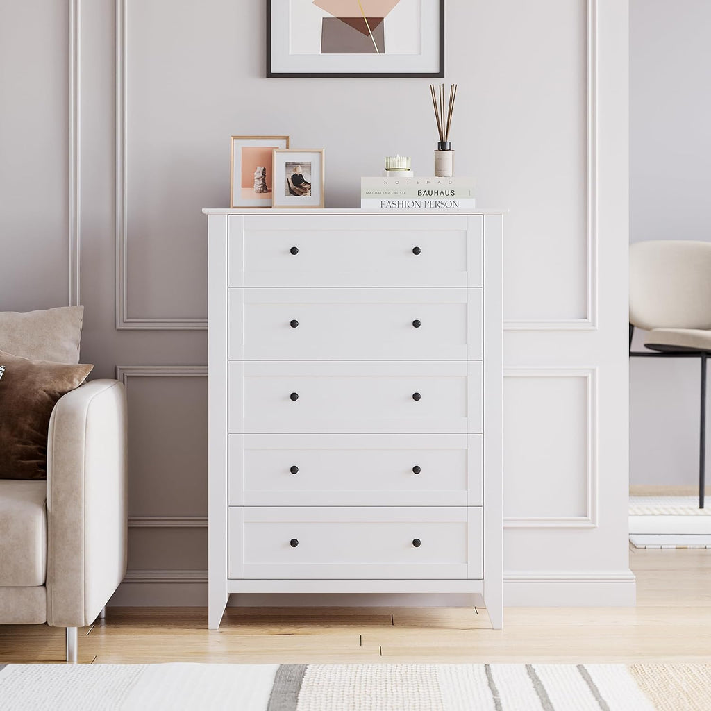 White 5-Drawer Dresser , 42.7"H Storage Drawers Organizer | Modern Lacquered Chest of Drawers, 15.8"D x 31.5"W x