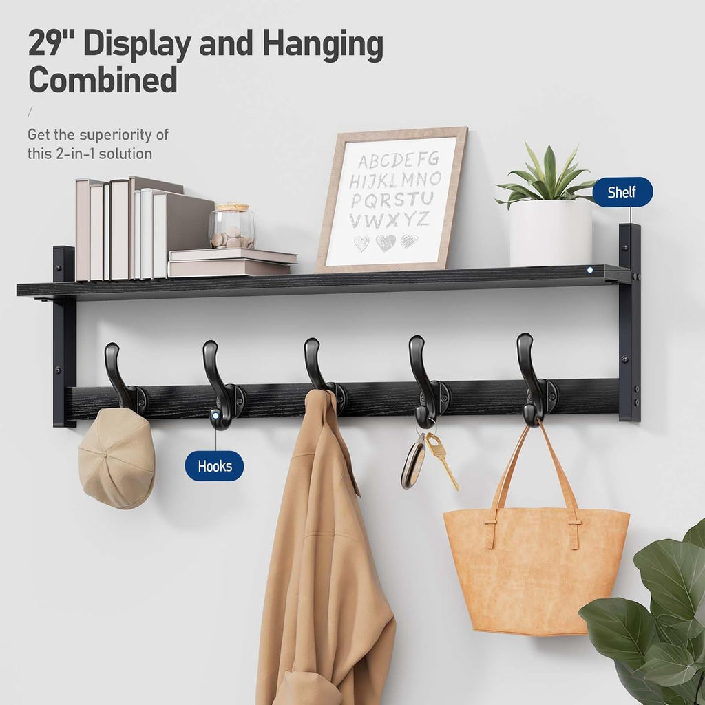 29" Rustic Coat Rack Wall Mount with Shelf, Entryway Wall Hooks with Shelf, Coat Hangers , Black