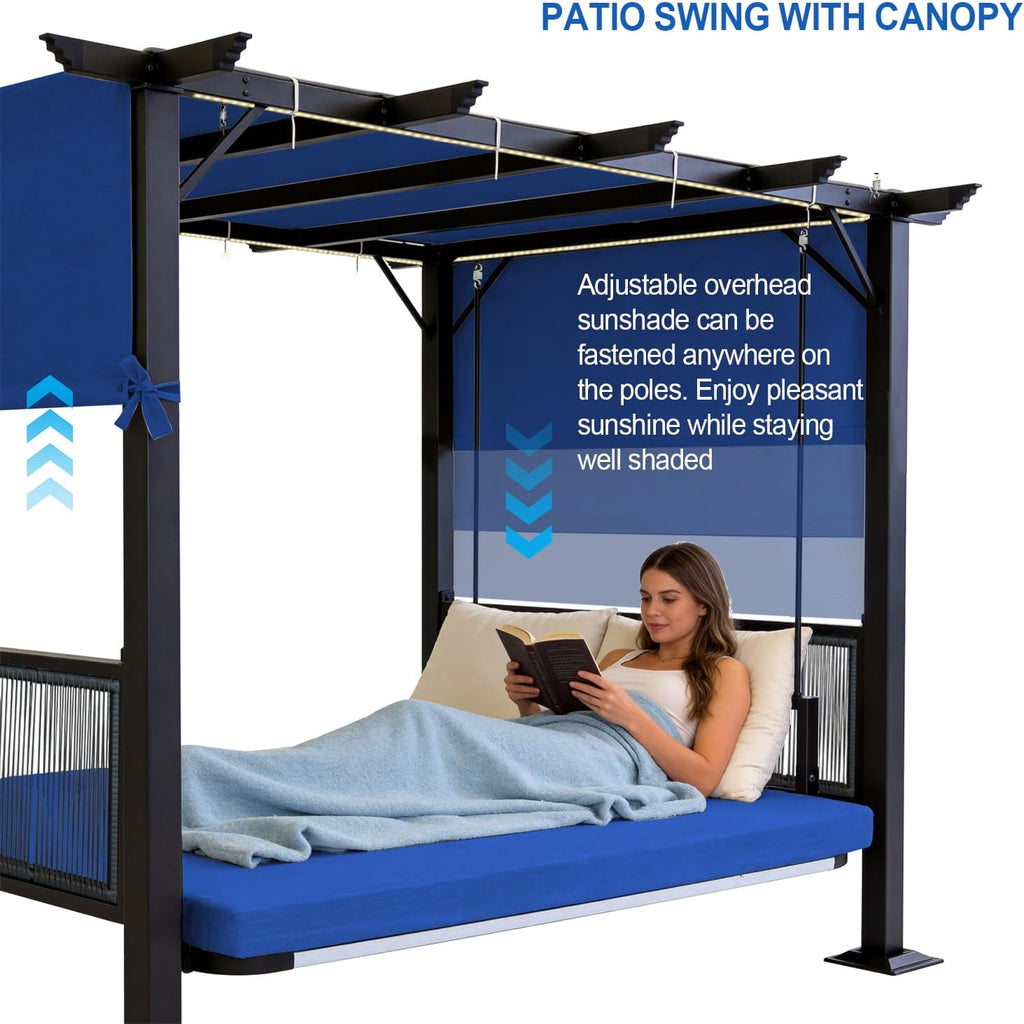 2 in 1 Porch Swing with Adjustable Canopy & LED Lights, 1,000 lb Heavy-Duty 3-Seat Swing Bed with Stand, 65-Inch