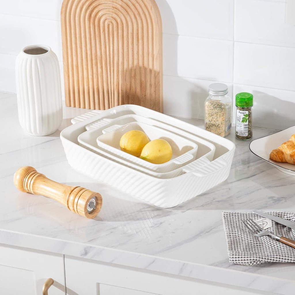 Ceramic Dish Set, Cake Dish for Brownie, Porcelain Striped Casserole Dishes for Oven with Handle for Lasagna, Family