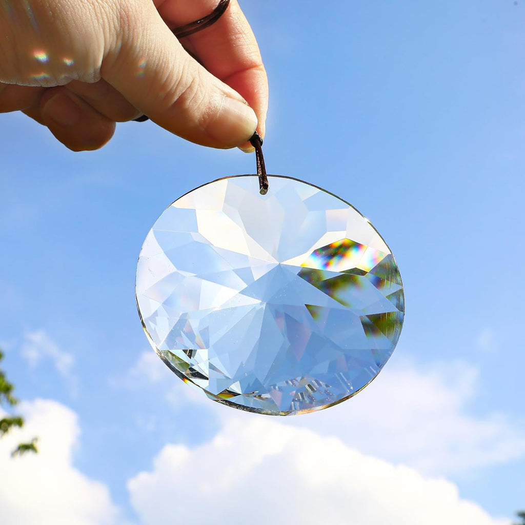 Bauhinia Hanging Faceted Crystals Large Window Prisms Suncatcher - 3inch Round Crystal Ornament, Window Hanging Decor
