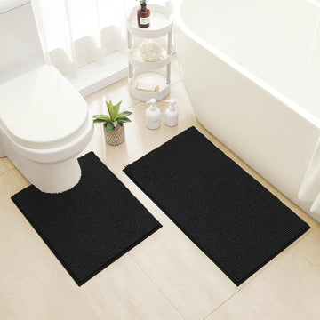 Black Bathroom Rug Sets 2 piece, Ultra Soft Non Slip Absorbent Chenille Toilet Bath Mat Set (Black)