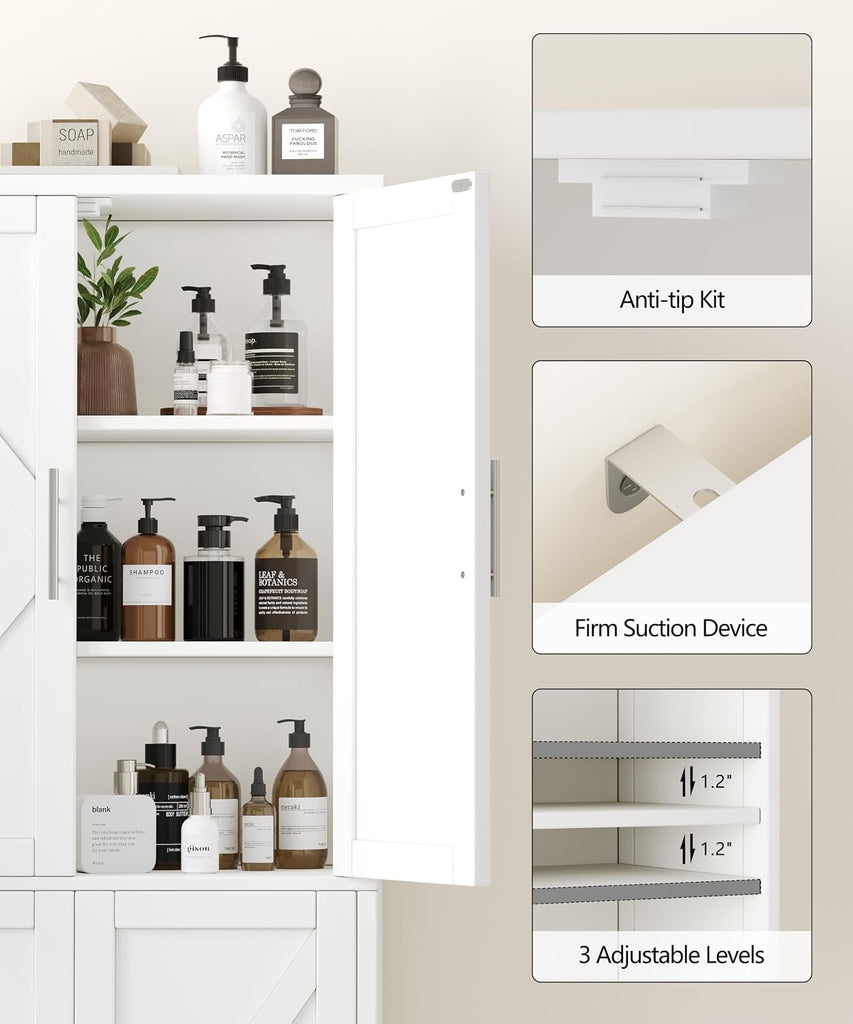 63''H Tall Bathroom Storage Cabinet Adjustable Shelf White | Floor Cabinet with Barn Doors, Adjustable Shelf, Linen
