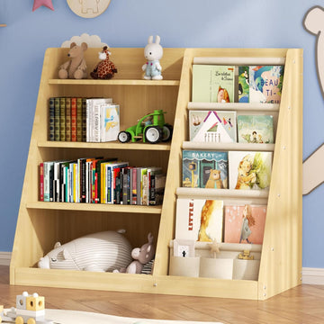 Kids Bookshelf and Toy Storage Organizer, 4 Tier Wooden Kids Book Shelf with Sling Book Rack in Kids Room Playroom