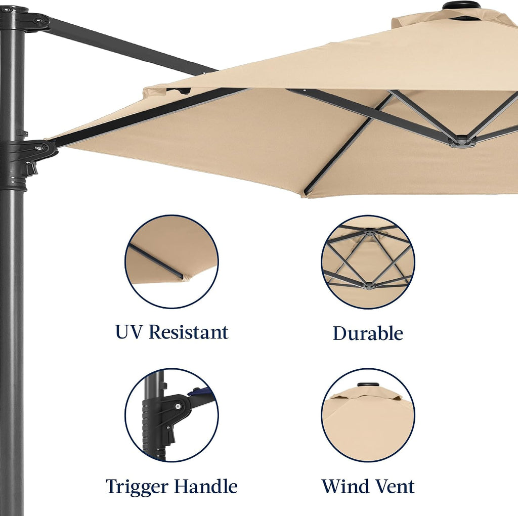 10ft Offset Cantilever Hanging Market Patio Umbrella, Smooth 360° Rotation, 8 Sturdy Ribs, Easy Adjustment - Sand
