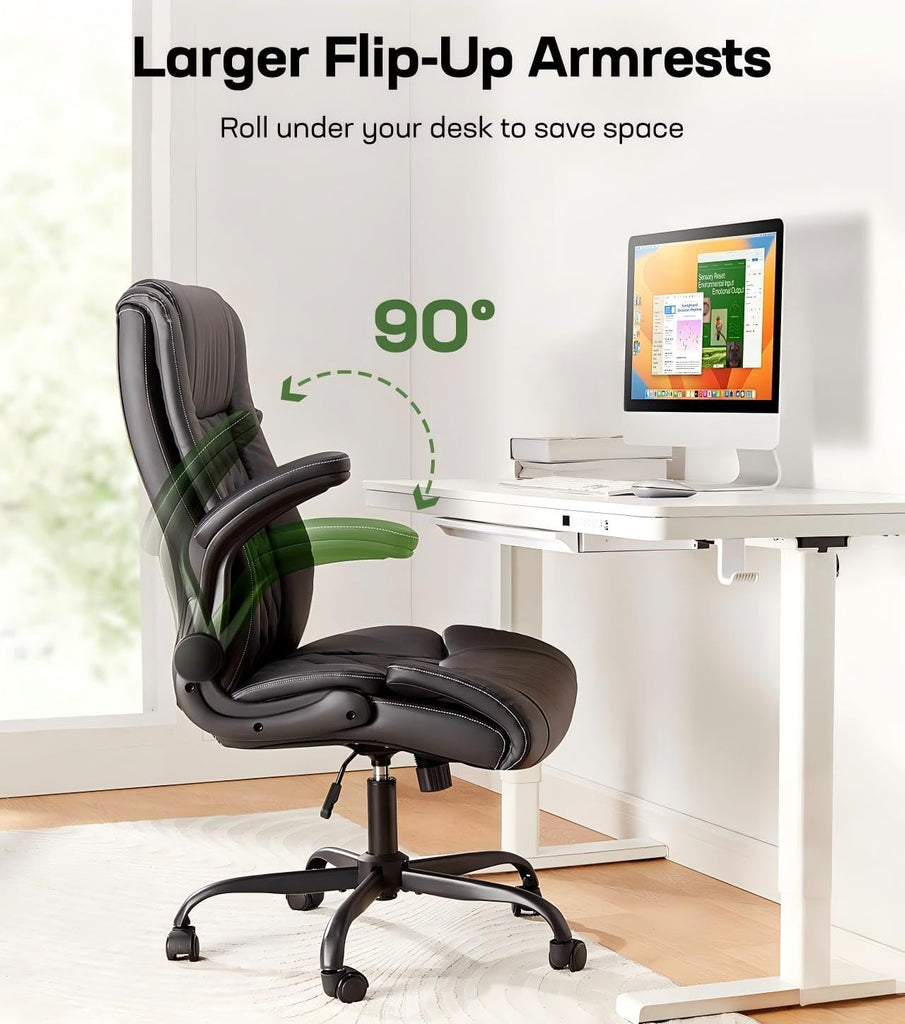 Executive Ergonomic Desk Chair with Flip-up Armrests PU Leather Height-Adjustable Swivel Rolling Dark