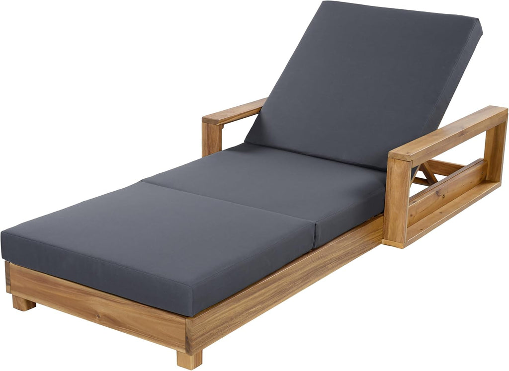 Wood Chaise Lounge with 4 Triple-Fold Cushion, Dark Gray | Outdoor Chaise Lounge, Acacia Wood Patio Recliner With 4