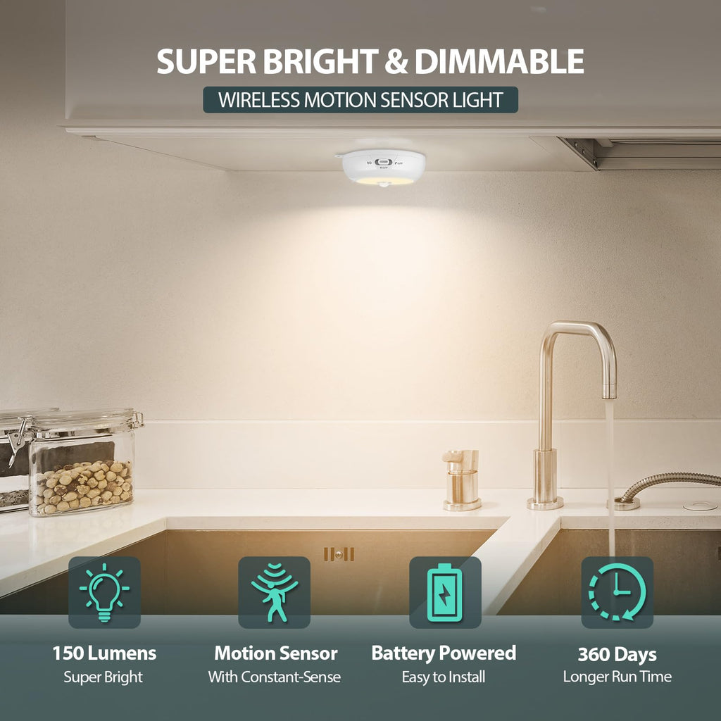 3.3" Motion Sensor Light Indoor AA Battery Powered, Under Cabinet Lighting Battery Operated, Magnetic Stick on LED