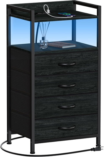 Night Stand with Charging Station, Black Nightstand with Drawers and Led Light, Tall Dresser , Bedside Table with