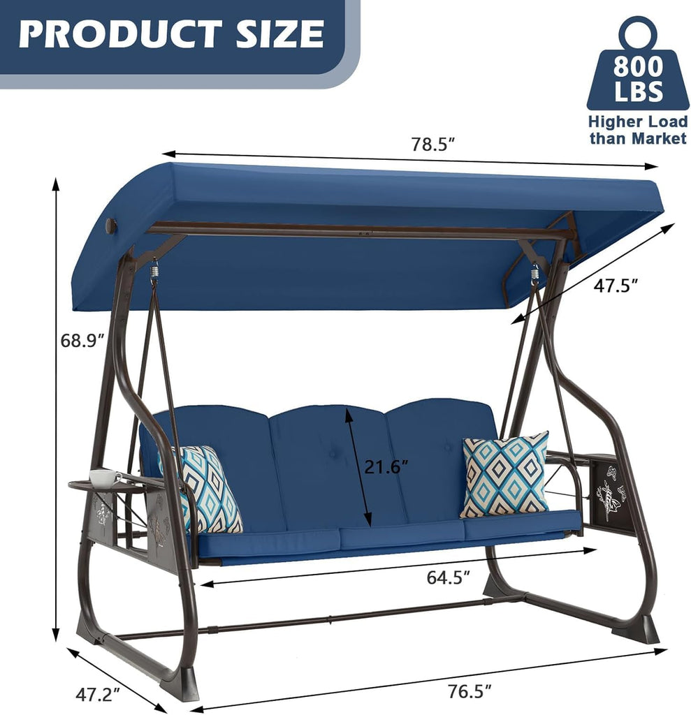 3-Seat Patio Porch Swing 800LBS Outdoor Swing with Stand w/Canopy & Adjustable Backrest Patio Glider Chair
