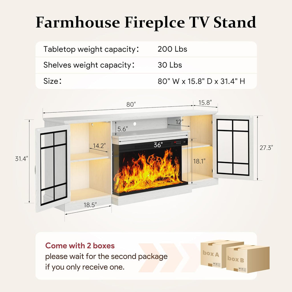 80'' Fireplace TV Stand, Farmhouse Entertainment Center with 3 Sided Glass TV Stand, Modern Media Console Table with Storage Drawers & Cabinets with LED Flame and Lights for Living Room, White
