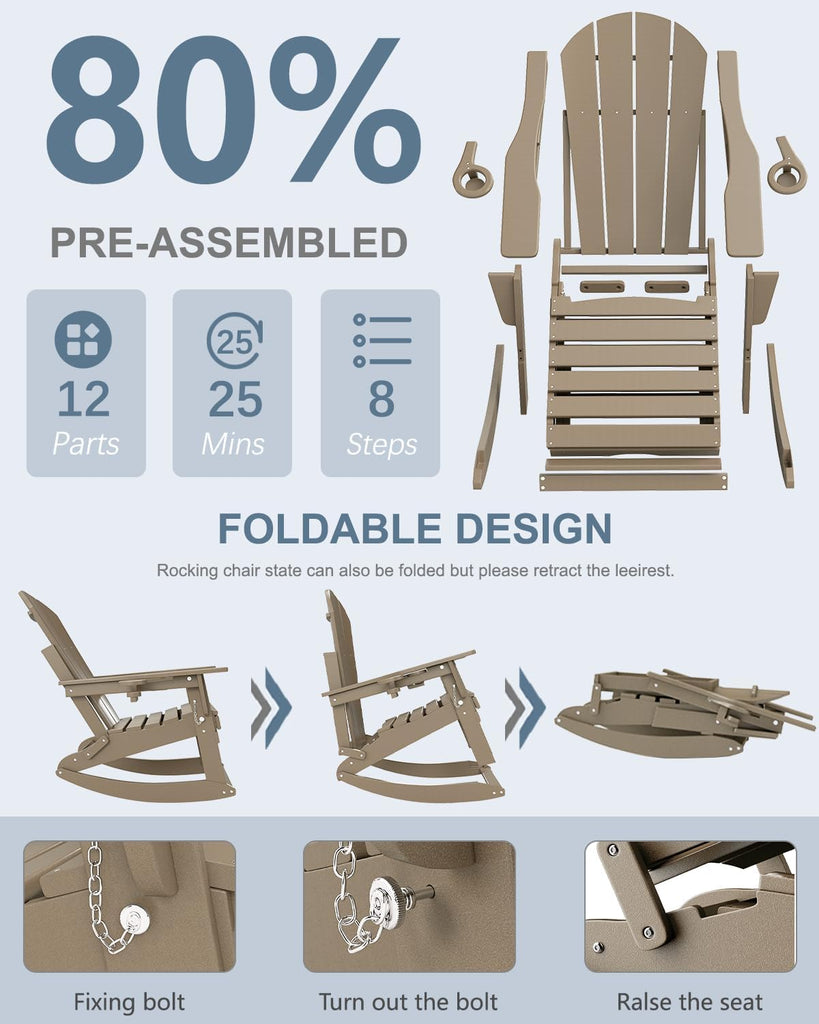 Folding Adirondack Rocking Chair with Retractable Ottoman, Brown | Folding Rocking Chair with Two Cup Holders ,High