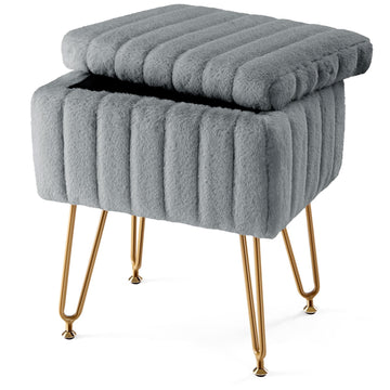 Vanity Stool Chair with Storage, 18.9"H x 16"L x 12.2"W Ottoman Chair Faux Fur Soft Padded Makeup Footstools Seat