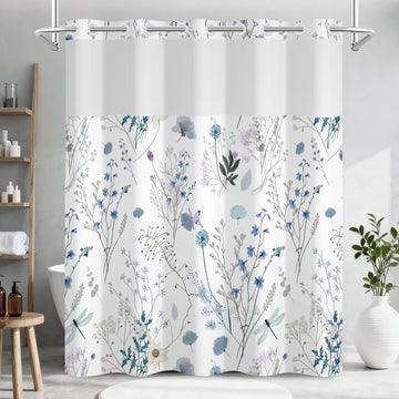 No Hook Watercolor Floral Shower Curtain and Liner Set, Hotel Style Waterproof Fabric Shower Curtain with See Through