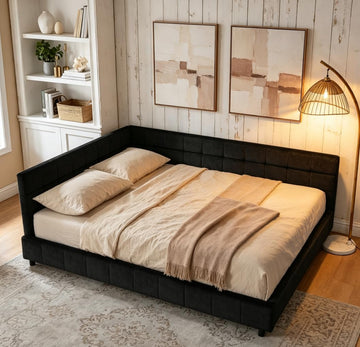 Queen daybed, Queen Corner Bed, Upholstered Sofa Bed Frame with Comfortable Backrest and Armrests for Kids,Adults