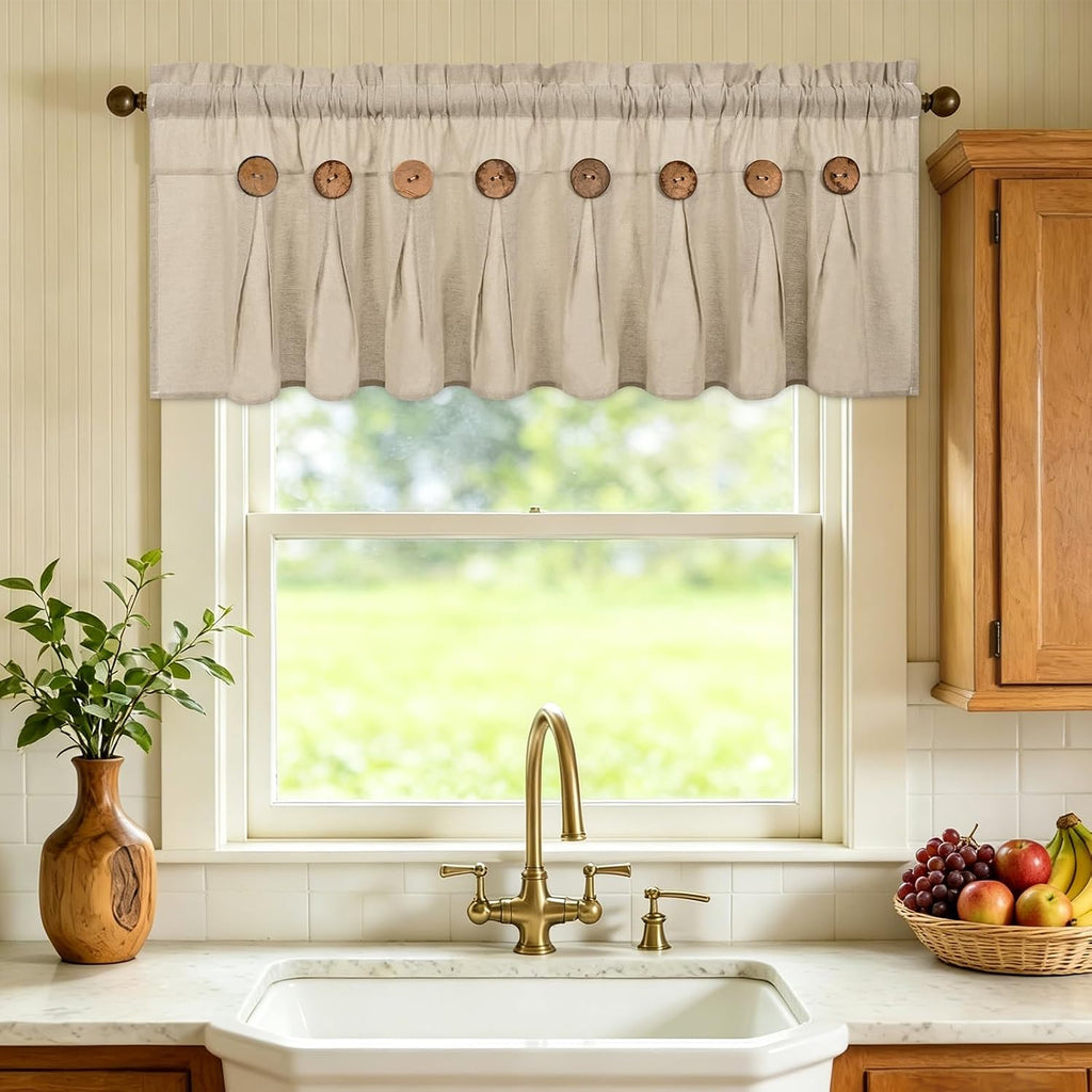 Farmhouse Valance Curtain, Cotton Linen Kitchen Curtains, Rustic Valances for Window Rod Pocket Button Valance for