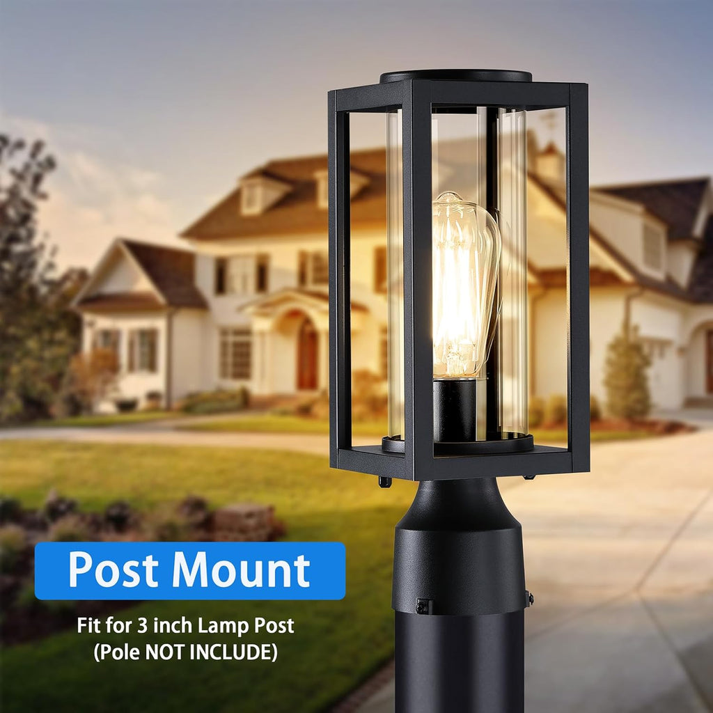 Outdoor Post Lights Lamp Post Light Fixture 2 Pack, Modern Black Exterior Post Lantern Fixture with Tempered Glass
