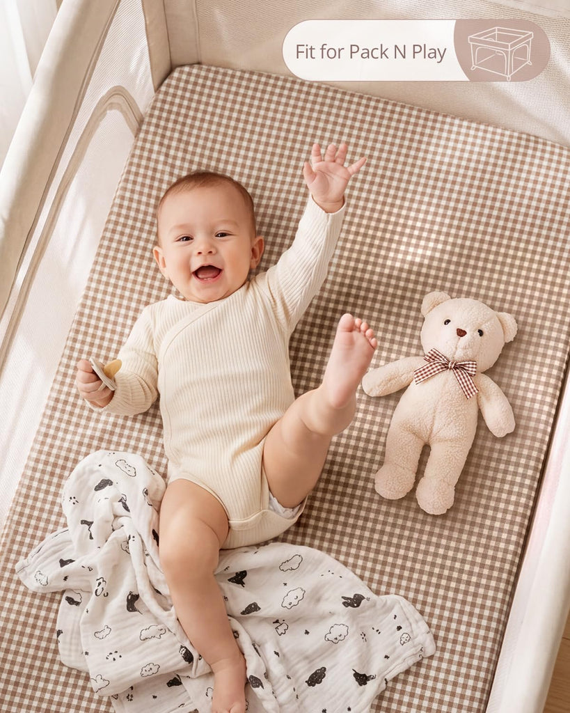 Muslin Mini Crib Sheets, 2 Pack, Beige Gingham&Brown Gingham