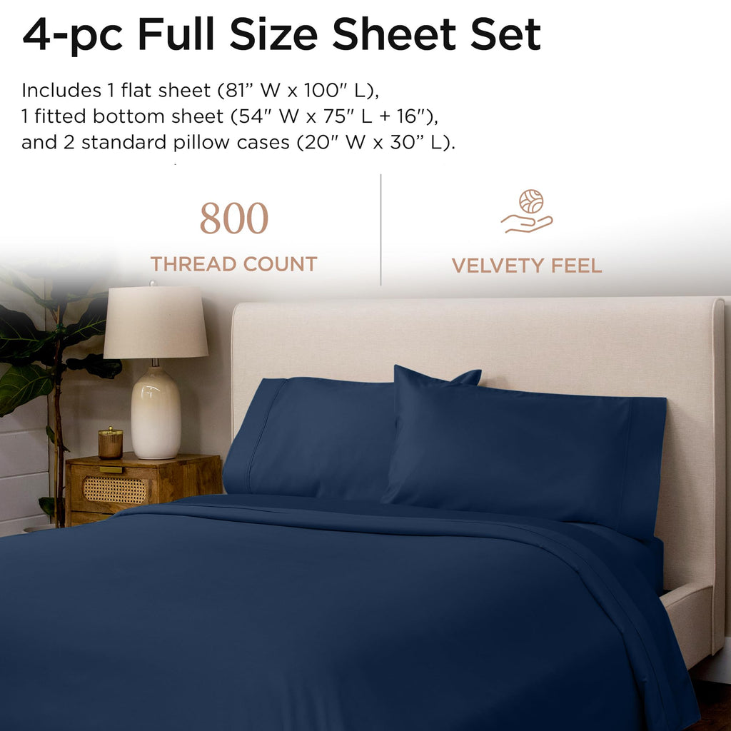 Luxury 800 Thread Count Full Size 100% Cotton Sheets - Folkstone Blue Sateen Weave Bed-Sheets, Better Than Egyptian