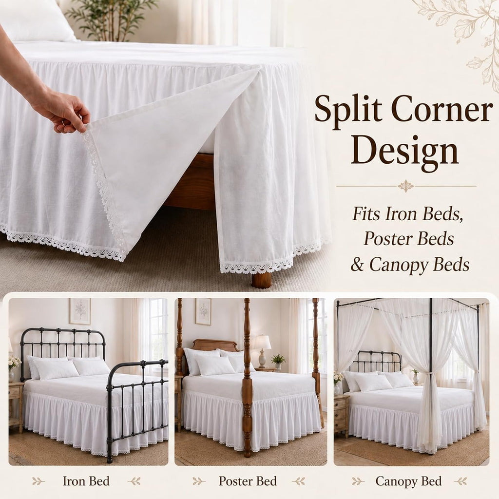 Twin Bed Skirt 18 Inch Drop White - Ruffled Dust Ruffle with Lace Trim, 100% Cotton Soft Breathable Bed Skirt for