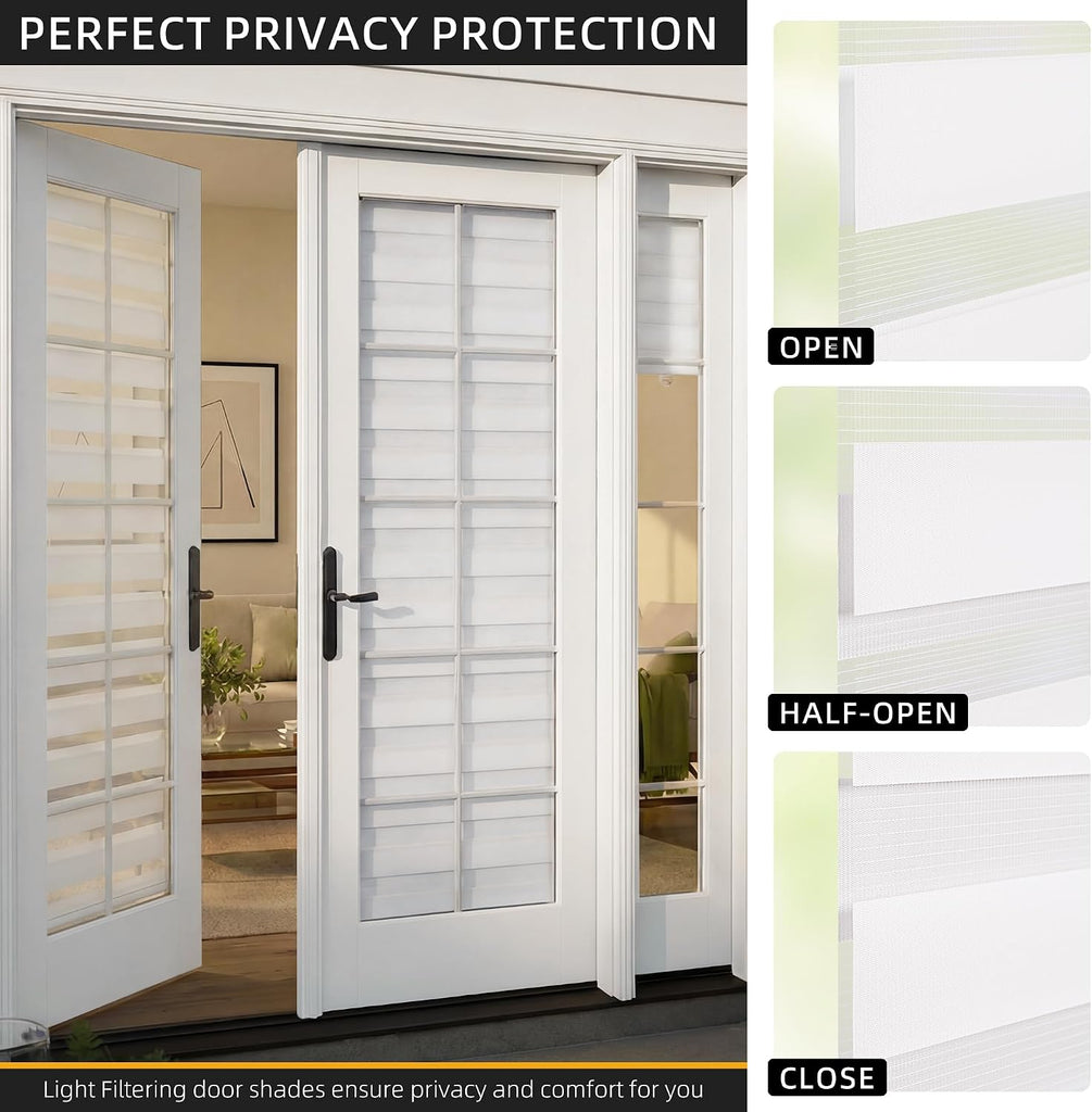 No Drill Zebra Blinds for French Door, White| Cordless Blinds for Door with Covering Width