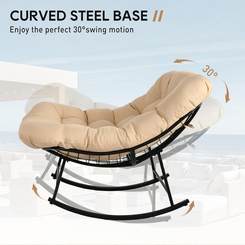 Oversized Outdoor Papasan Rocking Chair with Thick Cushion, Modern Egg Style Patio Rocker, Comfy Deep Seat Lounge