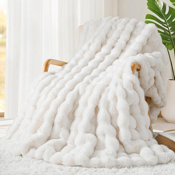 Luxury 1000GSM Faux Rabbit Fur Throw Blanket, Super Heavy Warm Cozy Blankets, Bubble Plush Fuzzy Elegant Soft Mink