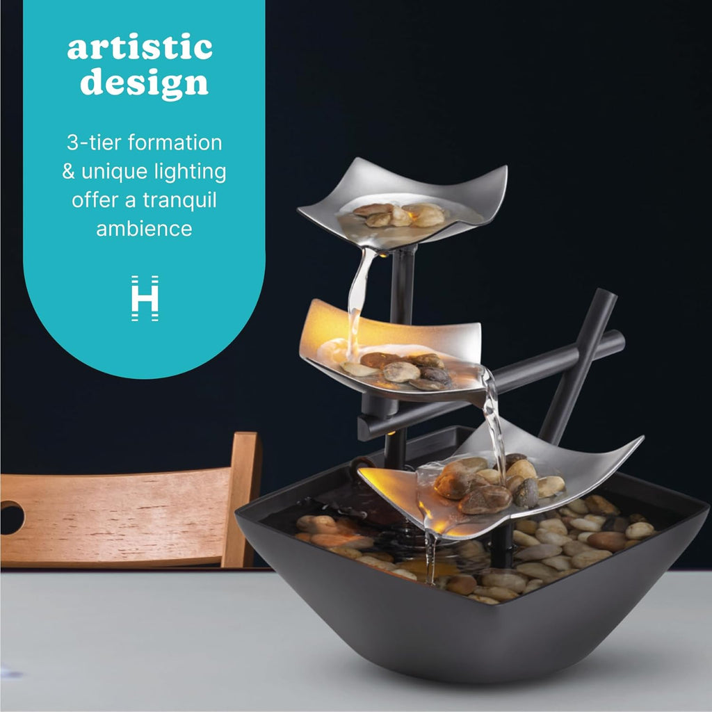 Tabletop Water Fountain, Home Décor Soothing Sound Machine - Automatic Pump, Deep Basin & Natural River Rocks. Indoor