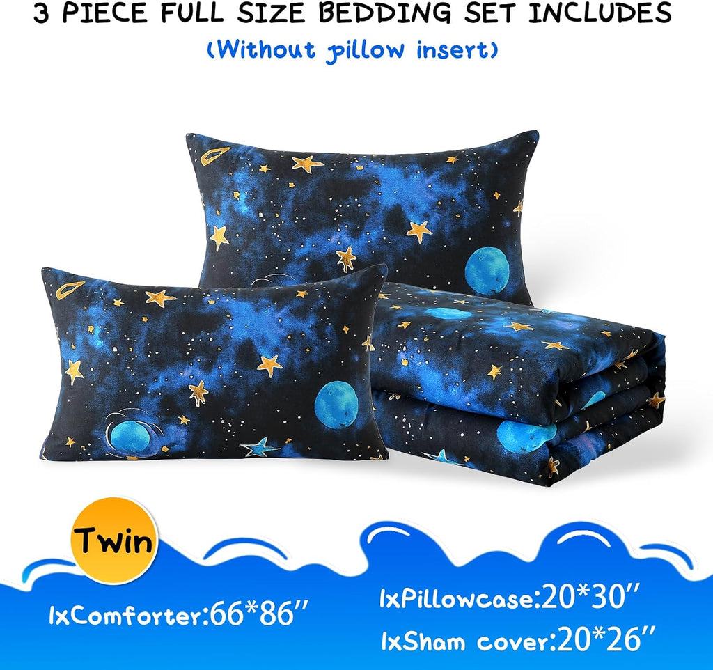 Glow in The Dark Kids Comforter Set, 3 Pieces Blue Space Bedding Set Twin for Boys Girls Teen, 1 Comforter, 1 - Set of 3