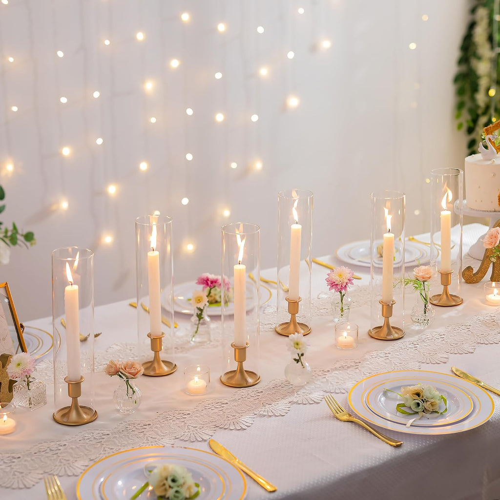 Hurricane Candlestick Holders Gold - 10 Pcs Taper Candle Holders Bulk Tall Clear Glass Cylinder for Wedding Table