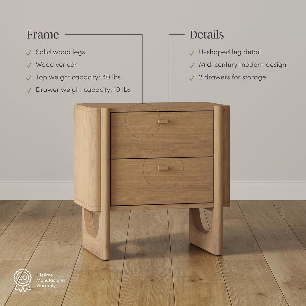 Solace Mid Century Modern 2 Drawer Nightstand with Solid Wood Frame and Rounded Details, Raw Oak