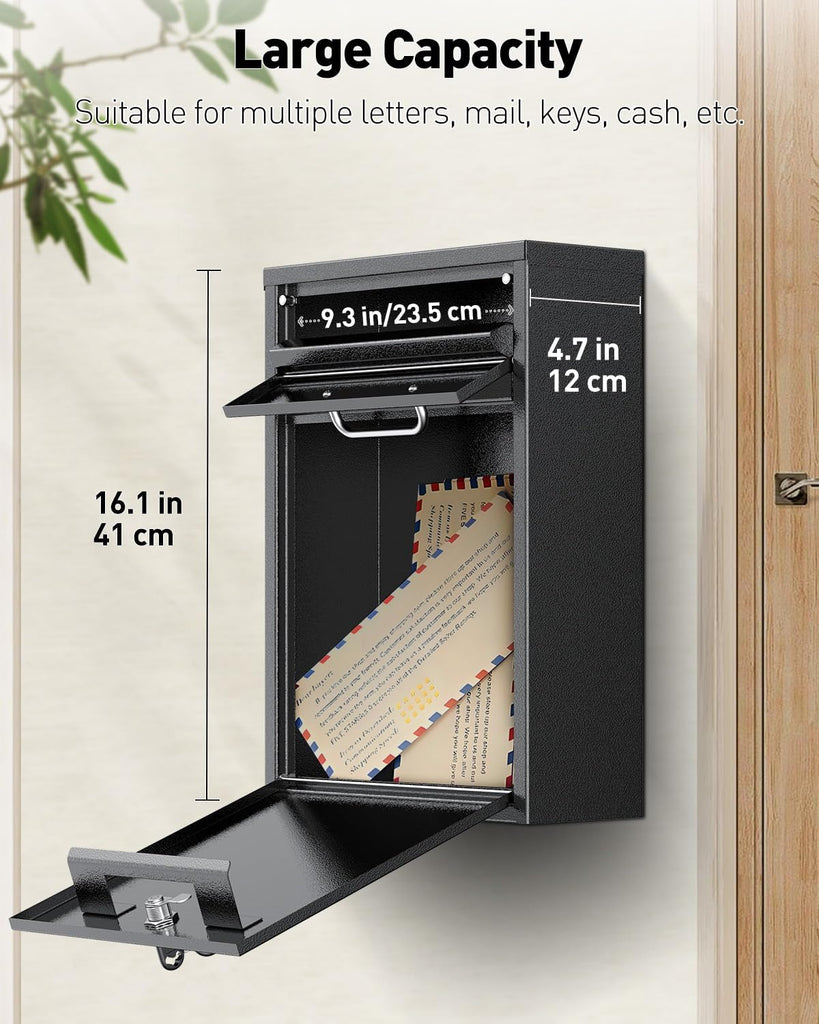 Wall Mount Mailbox Theft Heavy Duty Locking Mailbox, Large Mailbox with Key Lock, Security Mail Box, Safe Key Drop Box