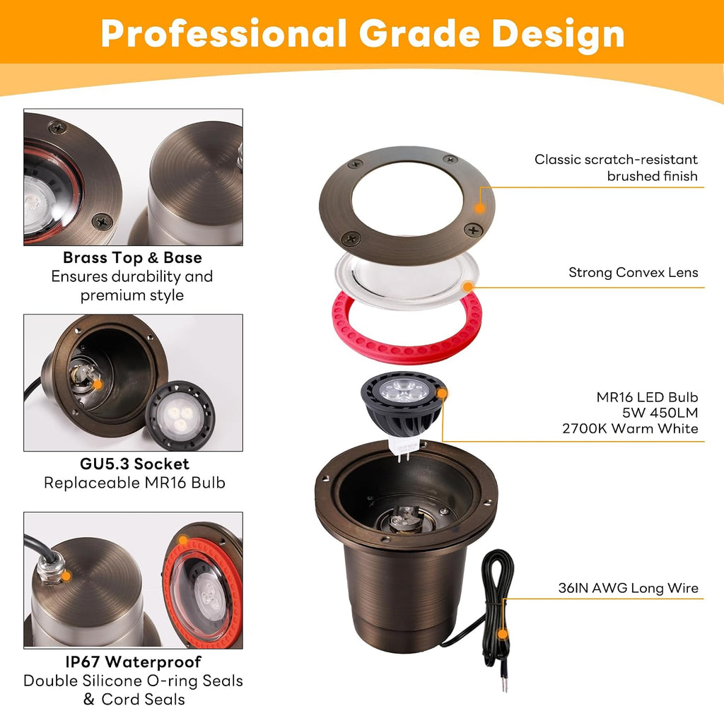 Brass Well Light - IP67 Waterproof Low Voltage In-Ground Outdoor Light, 12V LED Landscape Lighting, Antique Bronze