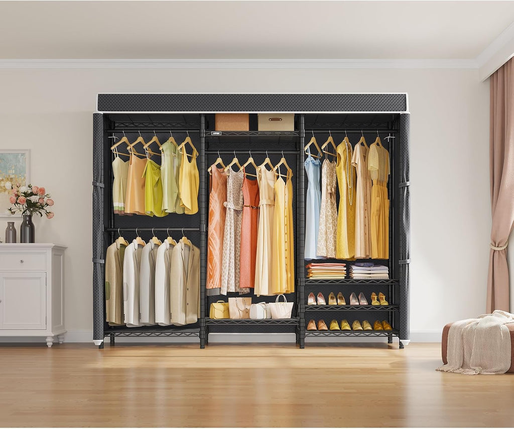 V5C Heavy Duty Covered Clothes Rack Portable Closet Rack, Black Metal Clothing Rack with Black Upgarded Polyester