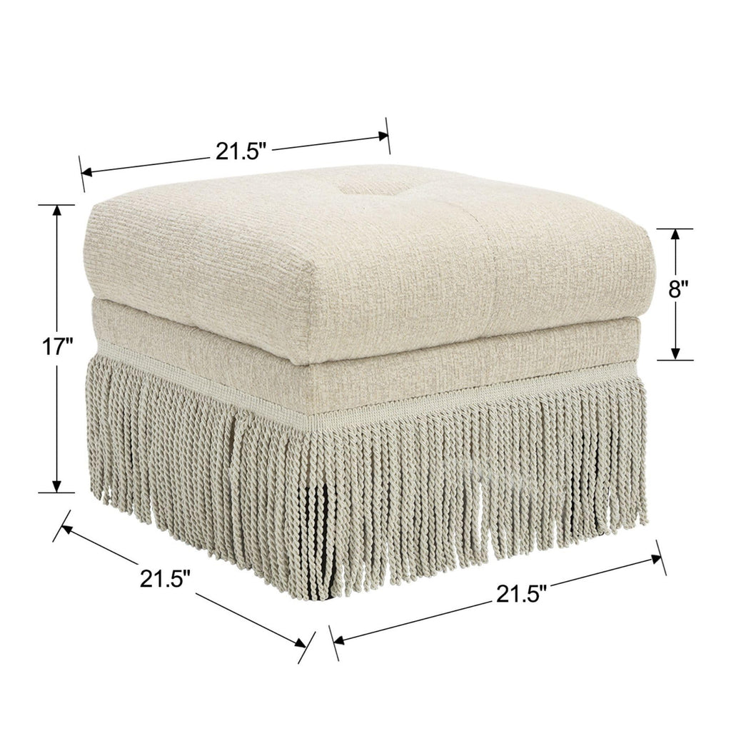 Upholstered Ottoman Footstool with Fringe Skirt, 21.5" Square