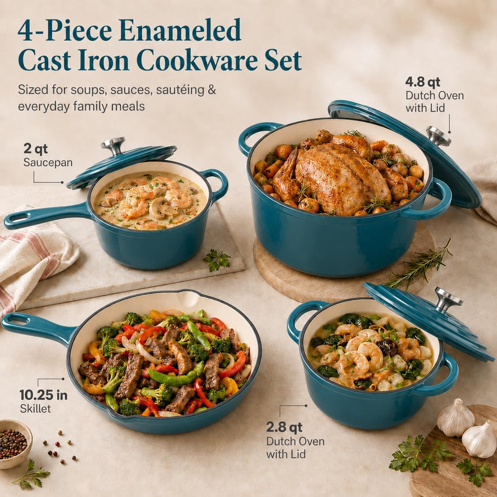 Enameled Cast Iron Cookware Set,7 Piece Dutch Ovens Set,Teal | Ceramic Coated Cast Iron,Sauce Pan,Skillet,3 Lids,Pots