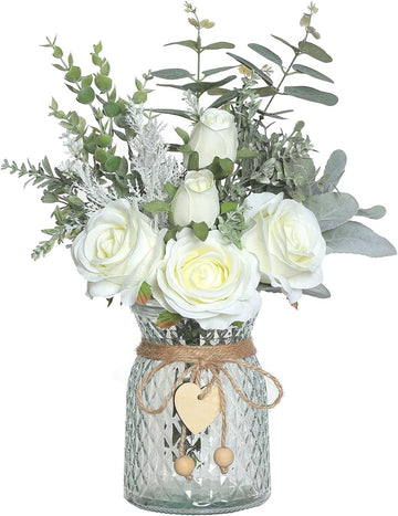 14.5" Faux Flowers with Vase,Artificial Silk Roses in Vase(White) | Realistic Fake Plant Faux Eucalyptus,Flower