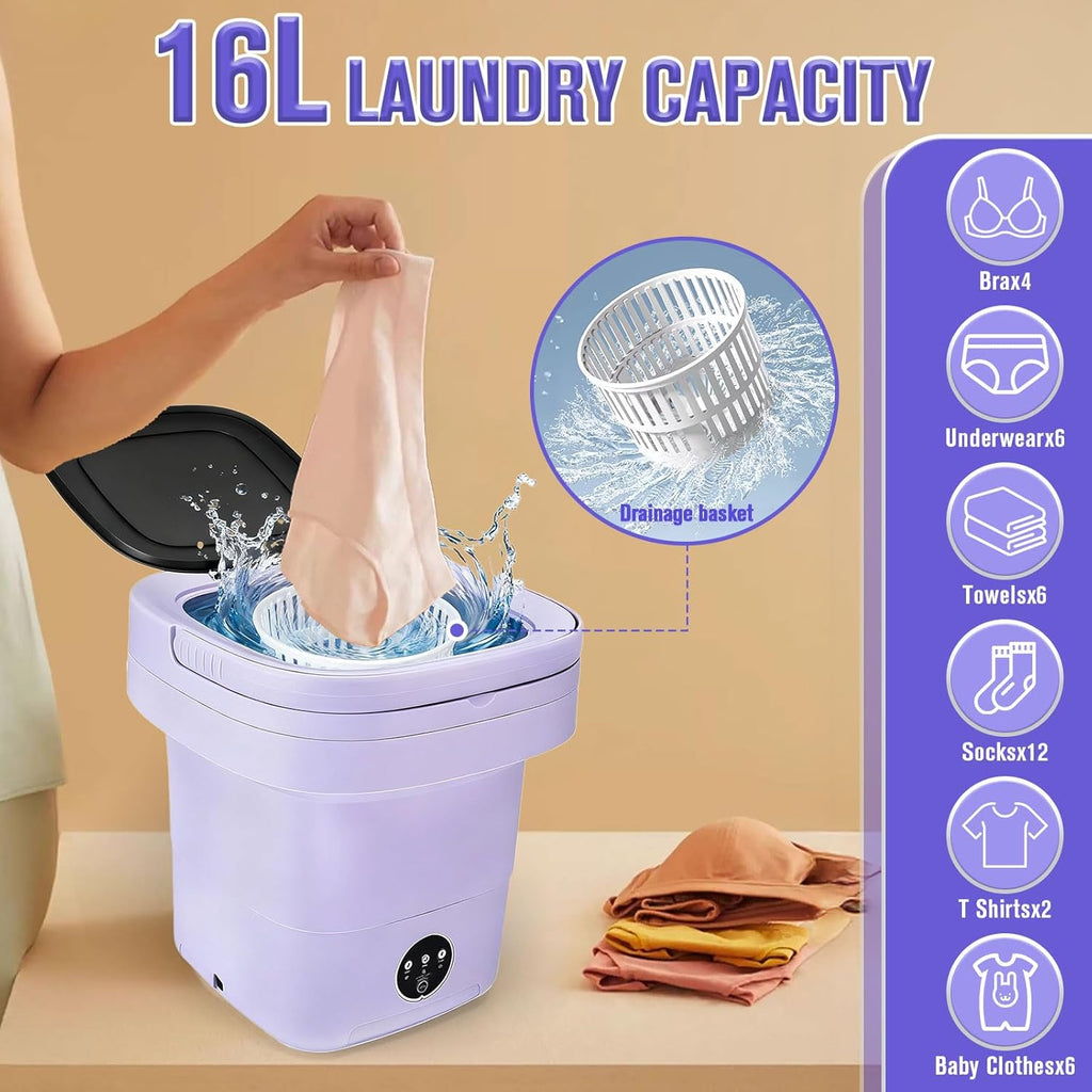 Mini Washing Machine 16L Foldable Small Washer for Underwear, Socks, Baby Clothes - 3 Cleaning Modes with Spin Dryer