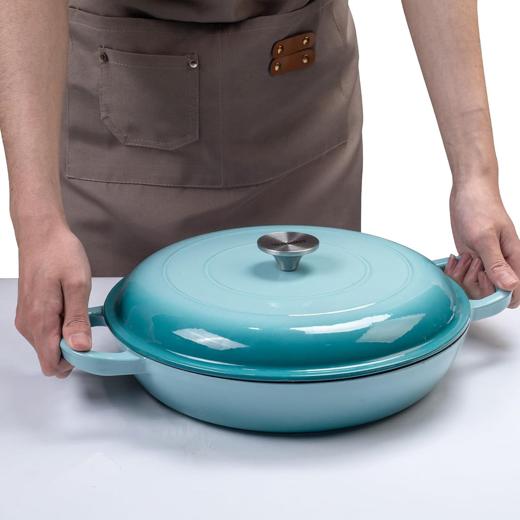 3.5QT Enameled Cast Iron Braiser Pan W/Lid,Shallow Dutch Oven,Blue | Enameled Braiser Pan Shallow Dutch Oven