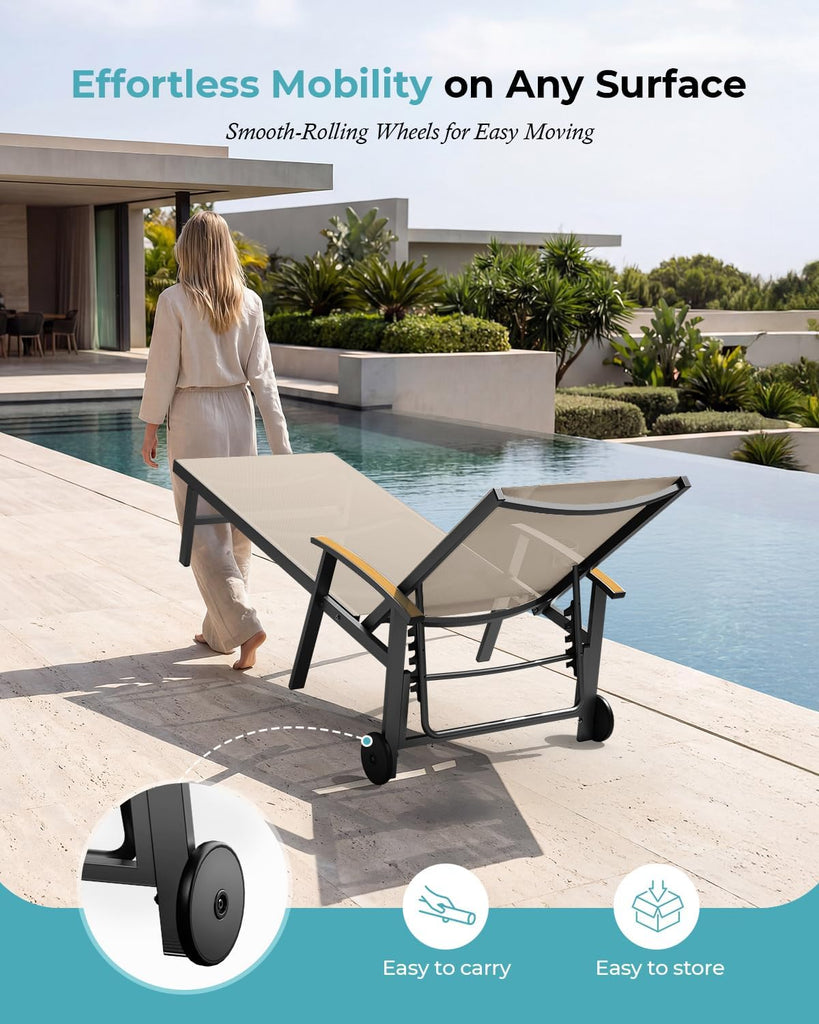 Outdoor Lounge Chair with Pillow Set of 2, 5-Position Aluminum Chaise Lounge with Wheels & Armrests, 400 lbs Heavy