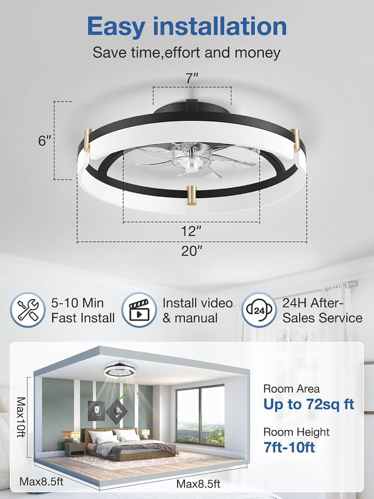 20" Smart Ceiling Fans with Lights,Control via Remote Alexa App,Quiet,Low Profile Flush Mount Bladeless Ceiling Fan