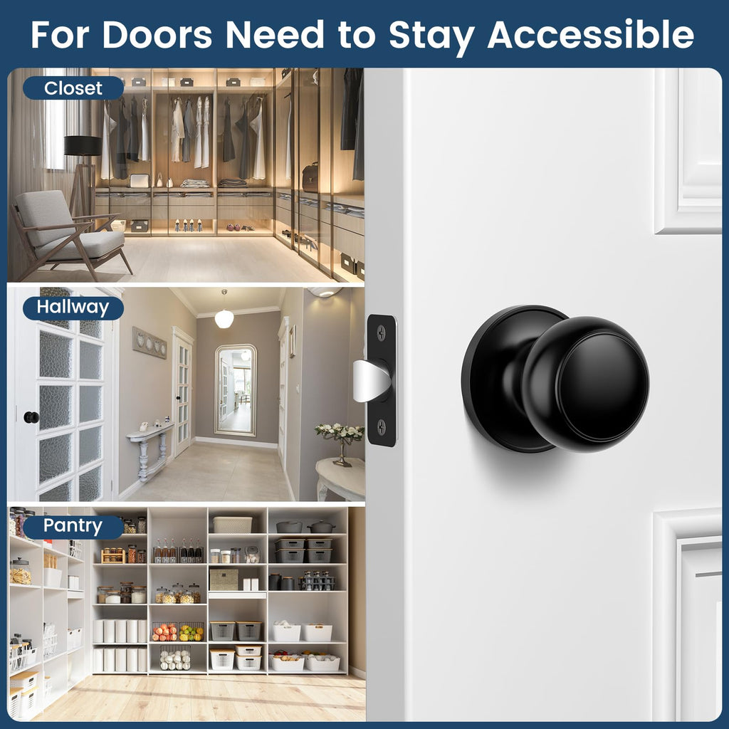 Passage Door Knobs, 6 Pack Matte Black Door Knobs, Hallway Closet Non-Locking Interior Doorknobs, Round Door Handles