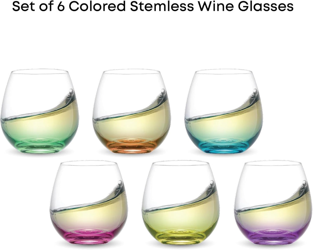 Hue Stemless Wine Glass Set, Large 15 oz Stemless Wine Glasses Set of 6 for White Red or Water, Short Glass Tumblers